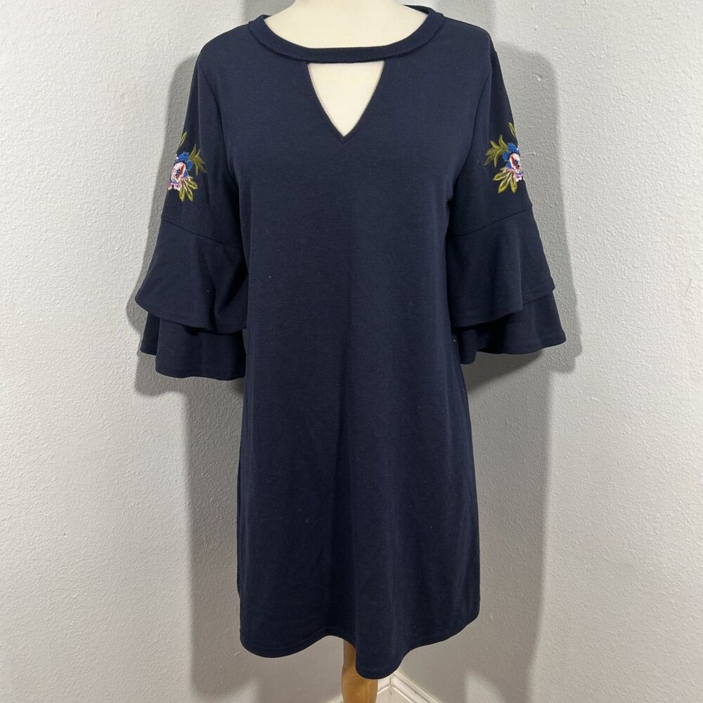 Alya Mini Dress Womens Small Keyhole Navy Ruffle Flare Sleeve